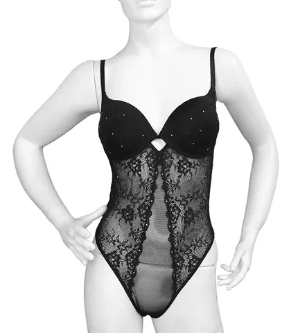بادی فانتزی کاپ‌دار جک دار فنردار دانتل و توری نگین‌دار Neev نیو کد Kiss مشکی Black