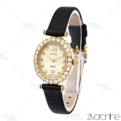 ساعت الکسا اسپشیال A2008 زنانه صفحه طلایی دور نگین بند چرمی 106219