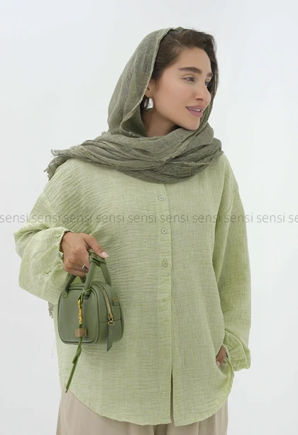 شومیز لینن یقه گردجلو بسته