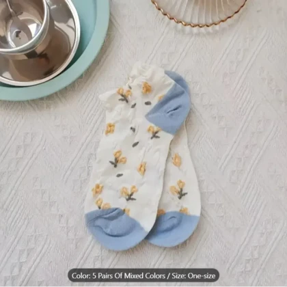 پک 5 جفت جوراب نازک فانتزی گل‌دار زنانه