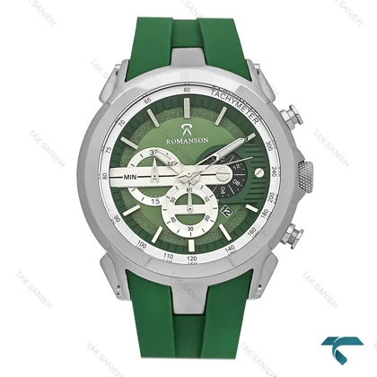 رومانسون مردانه کورنوگراف بند رابر سبز قاب سیلور Romanson-8258-G
