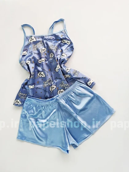 ست لباس خواب تاپ و شورتک ساتن طرح نوشته و ابر