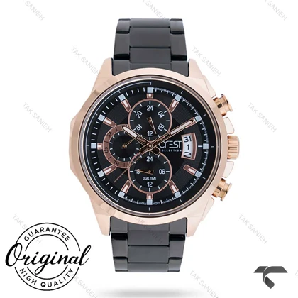 ساعت کرست مردانه 6219-6 سه موتوره مشکی رزگلد Crest-10808-G