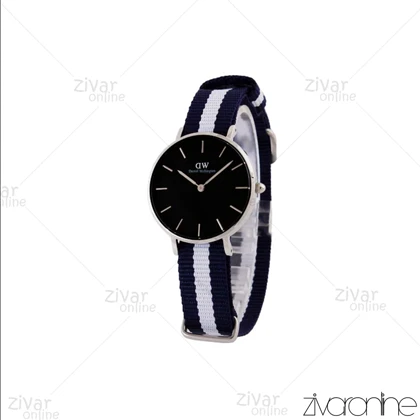 ساعت دنیل ولینگتون زنانه قاب سیلور صفحه مشکی بند سفید سرمه ای 104984