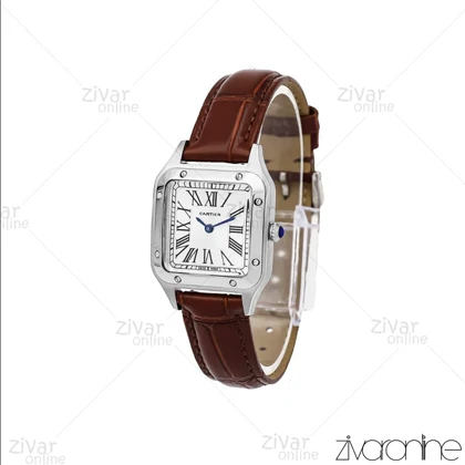 ساعت کارتیر زنانه مدل سانتوس دومونت قاب نقره ای بند چرم قهوه ای 106172
