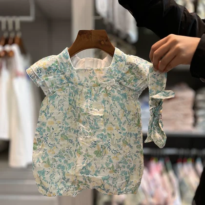 رامپر دخترانه حریر گل‌دار ایندیگو