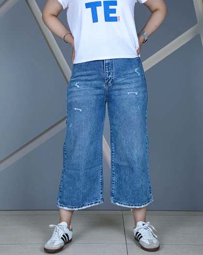 شلوار جین واید لگ آبی متوسط زنانه قد 84 سایز 36 تا 46 Wide Leg Medium Blue Jeans کد 90600