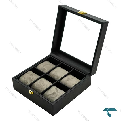 جعبه ساعت 6 تایی چرمی مشکی طوسی Watches-Box-6-7813-U