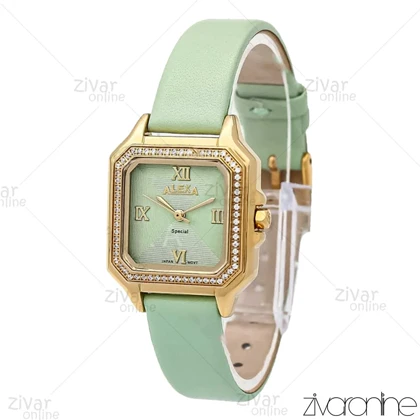 ساعت الکسا اسپشیال A2019 زنانه طلایی سبز دور نگین بند چرمی 106213