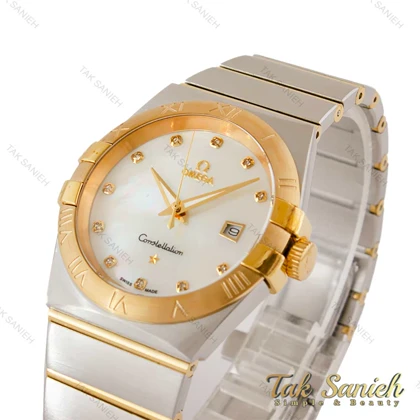 ساعت امگا کانسلیشن مردانه دورنگ طلایی صفحه سفید صدفی ایندکس نگین Omega-5158-G