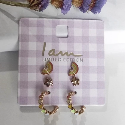 ست سه‌تایی گل گوش (گوشواره میخی) فانتزی طرح رنگین‌کمان و گل – آبکاری طلا