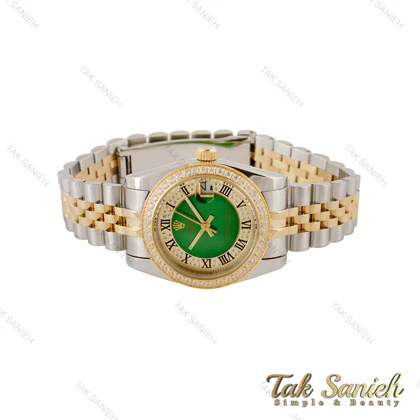 ساعت رولکس زنانه دورنگ طلایی دورنگین صفحه سبز ایندکس رومی Rolex-5119-M-L