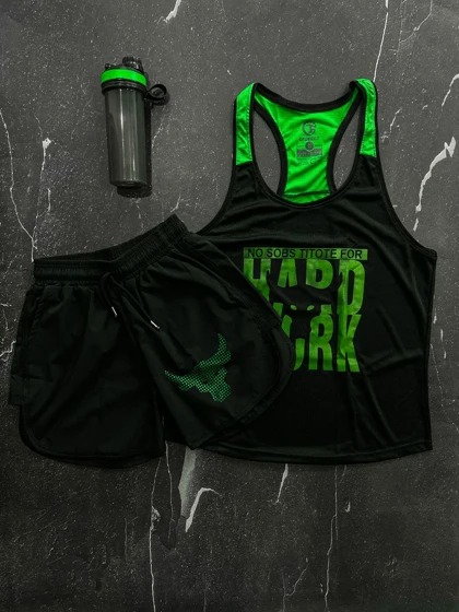 ست راک رکابی و شلوارک کشاله دار آندرآرمور با تم مشکی سبز