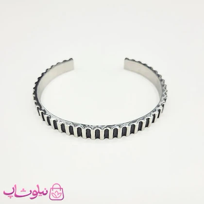 دستبند بنگل مردانه مدل مارش مشکی نقره ای کد 370
