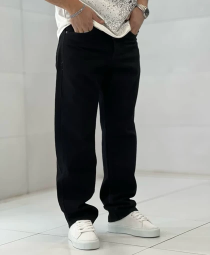 شلوار بگ مشکی مردانه پارچه جین کجراه سنگشور گرماژ بالا