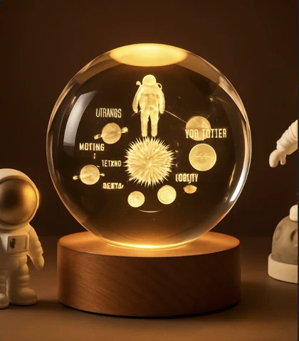 چراغ خواب گوی کریستال طرحدار/ پایه چوبی/ سایز کوچک