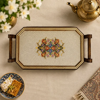 سینی چوبی دور خاتم کار دست کد m0327 گالری ساعت ضرابی