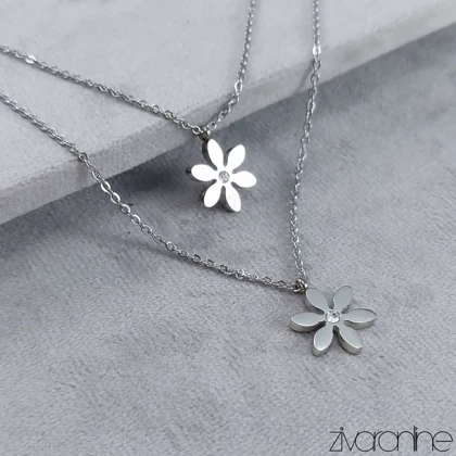 گردنبند زنانه دولاین مدل گل نقره ای 50064