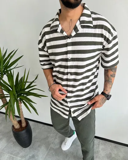 پیراهن رینگر پنبه استین کوتاه PULL&BEAR سفید سبز