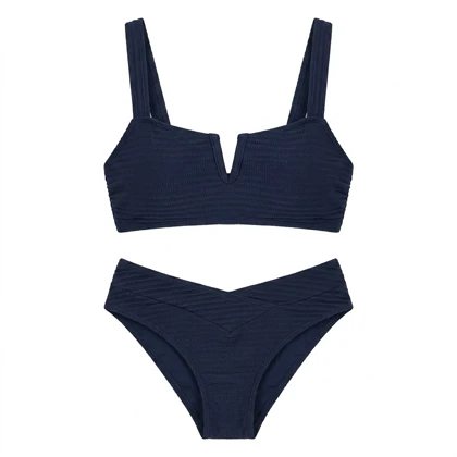 بیکینی دوتکه Cupshe مدل Ribbed V-Neck - رنگ سرمه‌ای (Navy) با پارچه کبریتی
