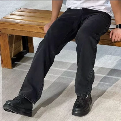 شلوار جین بگ مردانه رنگ مشکی پارچه سنگشور کجراه گرماژ بالا کد 76