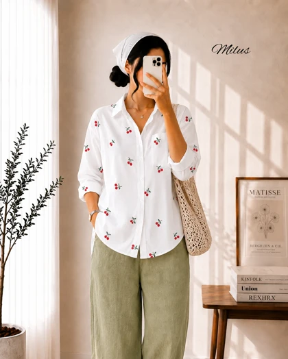 شومیز سفید آلبالو گیلاس