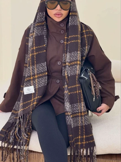 شال موهر وارداتی قهوه ای چهارخونه کد 400