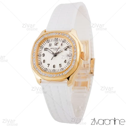 ساعت پتک فیلیپ آکوانا زنانه قاب طلایی صفحه سفید دور نگین 105769