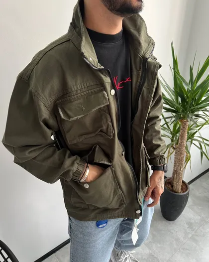 کت کتان مردانه چهار جیب ساده سبز تیره MECHANIC