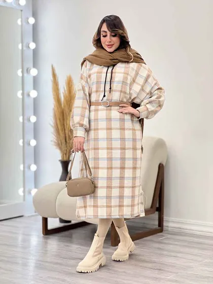پیراهن بلند چهارخونه کلاهدار