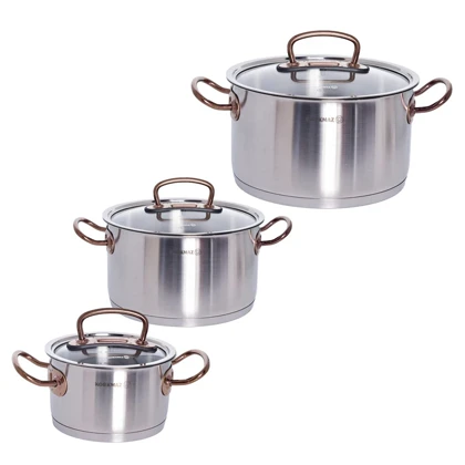 سرویس قابلمه 8 پارچه کرکماز، جنس بدنه استیل، دارای دسته پرچ شده، کفه سه لایه و طراحی مناسب جهت پخش بهتر گرما، مدل پرولاین proline ، سایز قابلمه‌ها 16، 20، 24، سایز تابه دو دسته 24