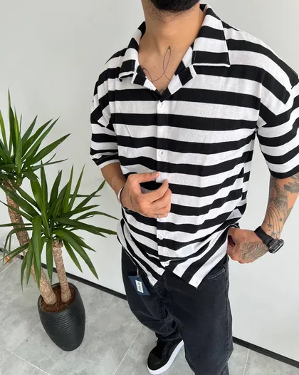 پیراهن رینگر پنبه استین کوتاه PULL&BEAR سفید مشکی