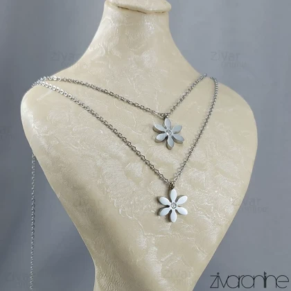 گردنبند زنانه دولاین مدل گل نقره ای 50064