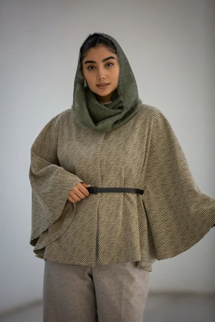 پالتو پانچ ژاکارد کمربنددار