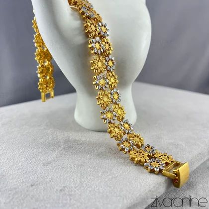 دستبند زنانه دو رج گل طلایی نقره ای 40102