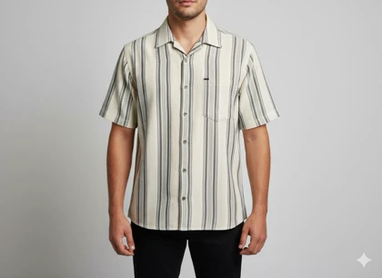 پیراهن مردانه آستین کوتاه راه راه کنفی طوسی 715