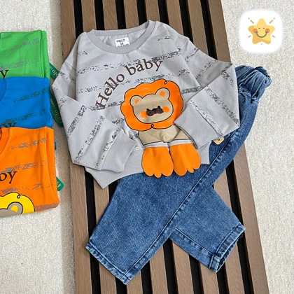 بلوز شلوار جین پسرانه کیفیت عالی برند FIBILO طرح شیر مناسب 1 تا 4 سال