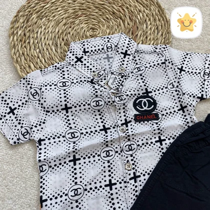 پیراهن نخی و شلوارک کتان پسرانه طرح CHANEL مناسب 1 تا 8 سال