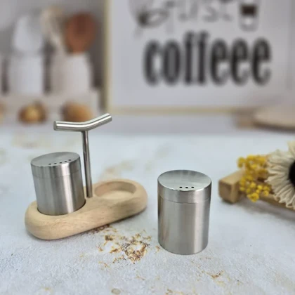 نمک پاش و فلفل پاش استوانه استیل استند بامبو - شنگیا