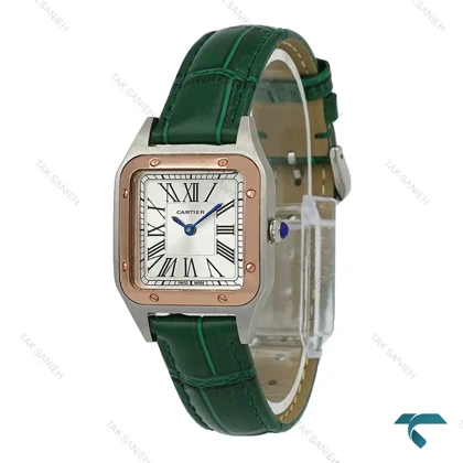 ساعت زنانه کارتیه سانتوس دومونت دو رنگ رزگلد بند چرم سبز Cartier-7302-L