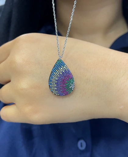 گردنبند نقره زنانه اشکی رنگی 992