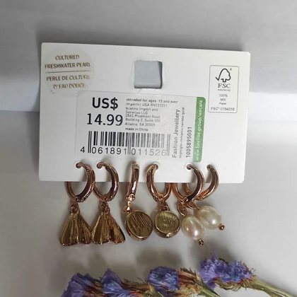 ست 3 جفتی گوشواره حلقه‌ای زنانه با سنگ طبیعی لاجورد، مروارید و آویز بادبزنی – آبکاری رزگلد