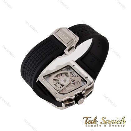 ساعت هابلوت مردانه مربعی قاب سیلور بند مشکی پشت شیشه ای Hublot-4995-G
