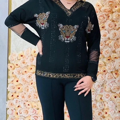 بلوز زنانه پلنگی ترک سنگ کریستال