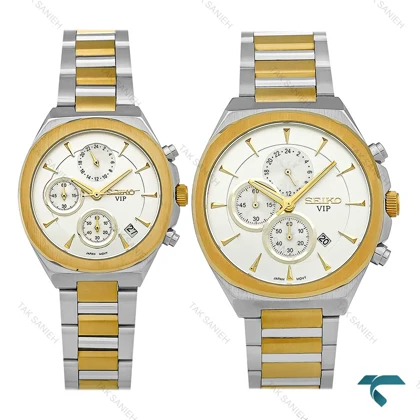 ست ساعت سیکو Vip سه موتوره دورنگ طلایی صفحه سفید Seiko-8817-S