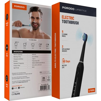 مسواک برقی پورودو Porodo مدل PD-LFST094-BK با 2 سری یدک