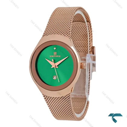 ساعت حصیری زنانه نیوی فورس NF5004 رزگلد صفحه سبز NaviForce-7680-L