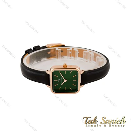 ساعت دنیل ولینگتون زنانه مربعی رزگلد بند چرم مشکی صفحه سبز DW-4804-L