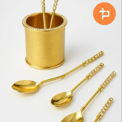 قاشق چای خوری 6عددی طلایی نگین‌دار استند دار / BS680