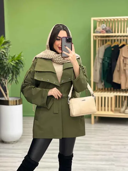 بارانی آستین و یقه پرچ دار
